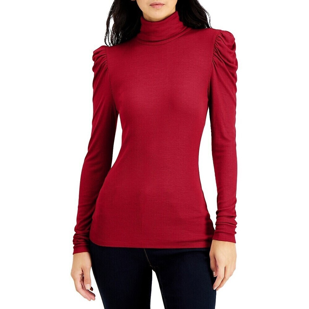 I.N.C International Concepts Ribbed Puff-Sleeve Turtleneck Top Red Size S NWT